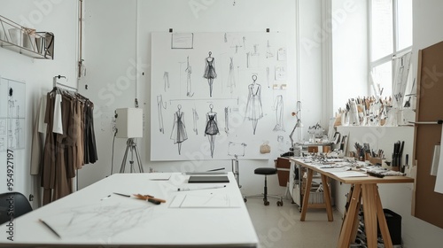 Clothing design studio with sketch drawing concept on white board. large tailor's desk mannequins numerous sketches pinned on wall sewing machines tailoring items and half-finished garments on rails