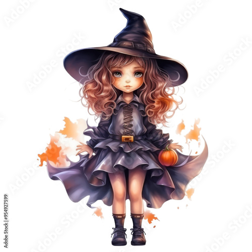 Young Witch with Pumpkin and Wide Brimmed Hat