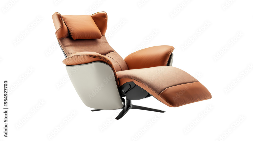 Naklejka premium A luxurious and comfortable brown leather recliner chair on a black background. The chair has a white base and a brown leather headrest. It invites you to relax and unwind. 