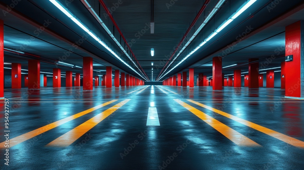 Empty parking garage with red pillars. Perfect for concepts of urban life, transportation, or solitude.