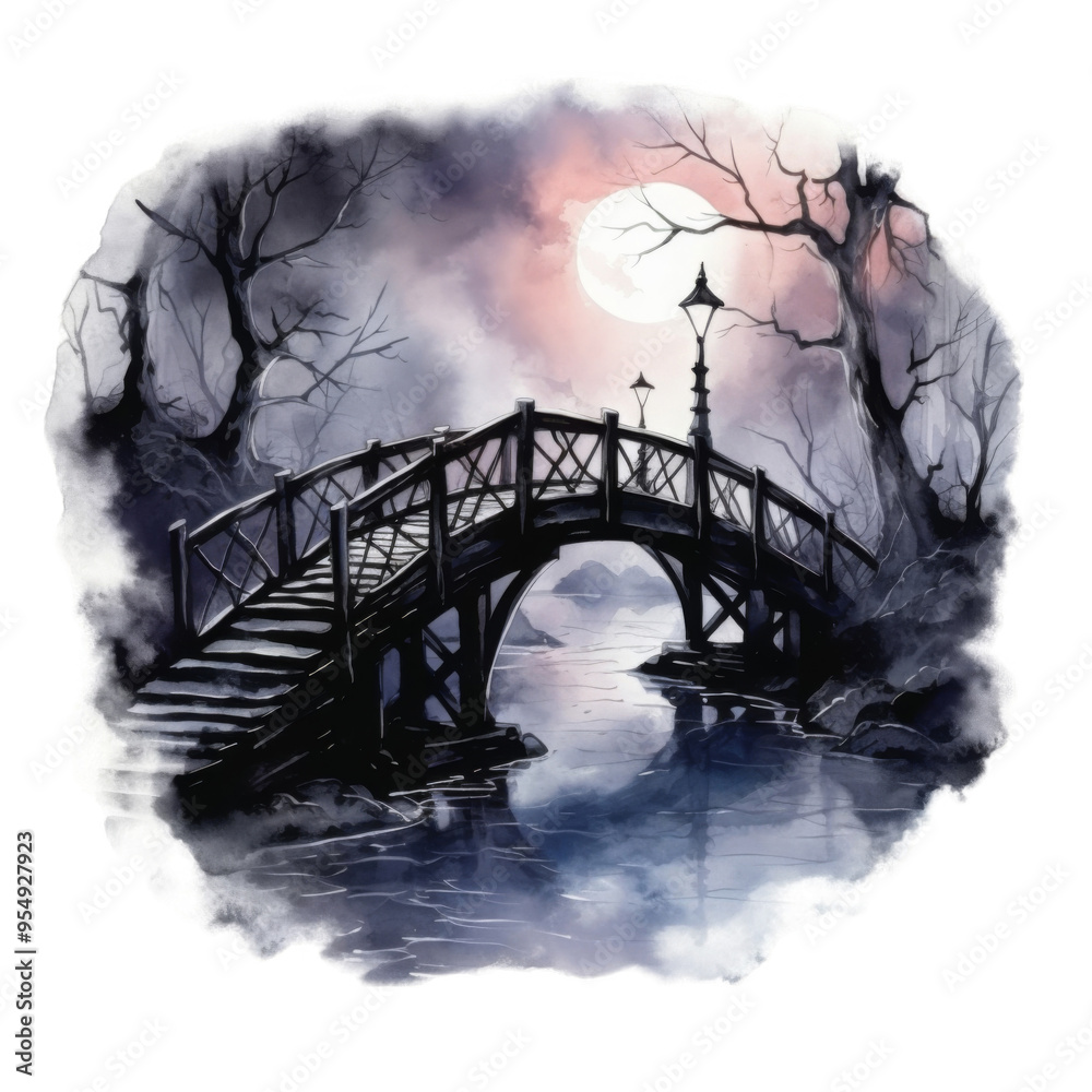 Fototapeta premium Moonlight Illuminates a Bridge in a Misty Forest