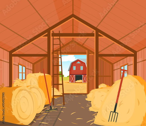 Interior barn with haystacks. Livestock feed storage. Wooden village building. Straw rolls. Dry wheat stalks in bundles. Rural house. Hay heaps with hayfork. Agriculture vector concept