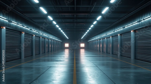 Empty storage unit hallway with closed doors. Perfect for showcasing self storage, moving, or relocation concepts.