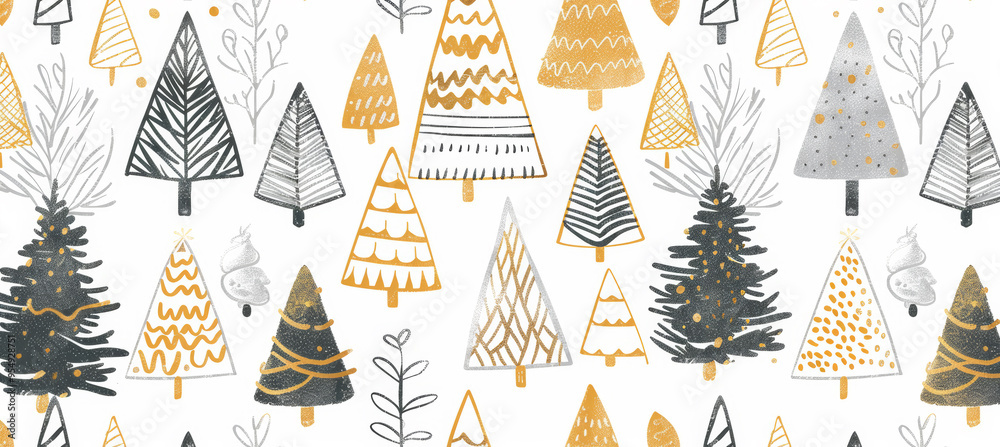 Seamless pattern of hand-drawn festive Christmas trees shapes in various sizes, paper, white background Seamless pattern of hand-drawn festive Christmas trees shapes in various sizes, paper, white background