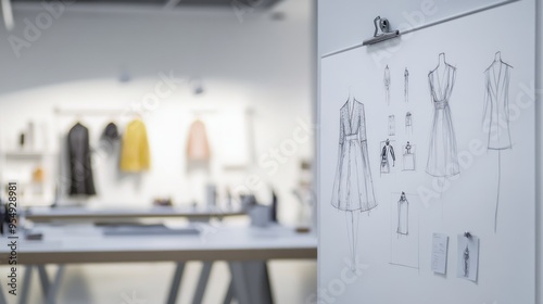 Clothing design studio with sketch drawing concept on white board. large tailor's desk mannequins numerous sketches pinned on wall sewing machines tailoring items and half-finished garments on rails