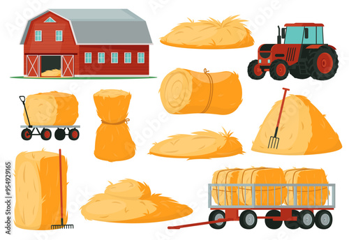 Haystacks and tools. Farm hayloft elements. Harvester machinery and buildings. Hay racks and blocks. Livestock feed. Dry grass bundles and piles. Farming tractors. Agriculture vector set