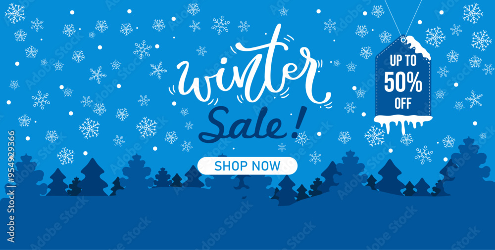 Fototapeta premium Winter sale banner template with snow flakes. Ice snow shopping sale. Winter Vector illustration