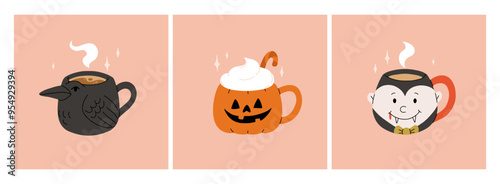 Vector collection of cute Halloween mugs. Hot cocoa with marshmallow, coffee and tea cups with cute faces, ghost, pumpkin, witch black cat and skull. Flat cartoon illustration on pink background