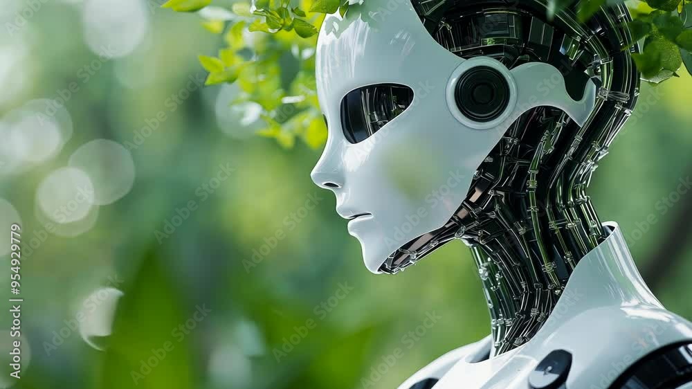 Futuristic humanoid robot with white face gazing at lush green nature ...