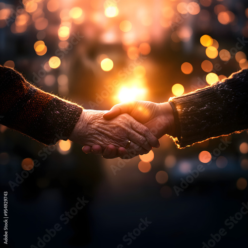 handshake; two people shaking hands: elderly hand on sunset background photo