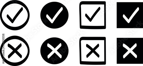 Sharp black and white checkmark and cross on isolated white background vector symbol for right and wrong choices. Symbol of choice set. Modern flat design, Checkmark icon set. Checkmark right symbol.