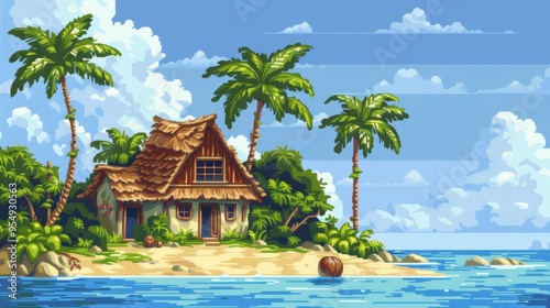 A vibrant and lush beach-style island surrounded by trees and crystal clear blue water. In the center is a small wooden house.