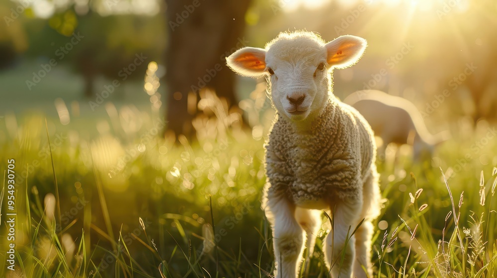 Fototapeta premium adorable young lamb with fluffy white wool stands in lush green meadow sunlight highlights its innocent eyes and soft features