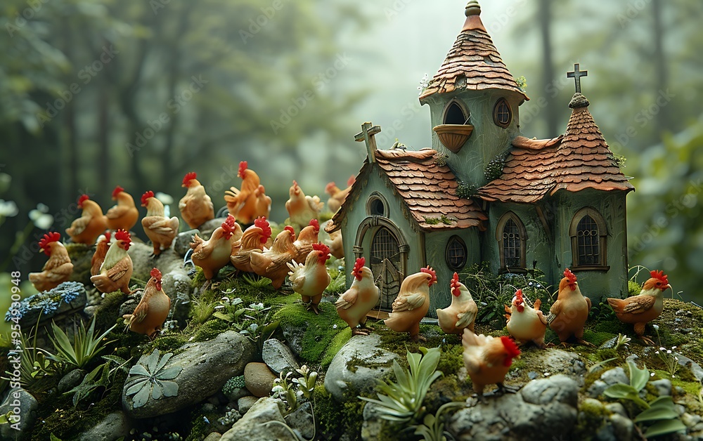 Fototapeta premium A miniature church with a flock of chickens surrounding it, set amongst mossy rocks and greenery.