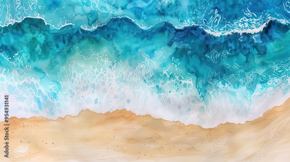 aerial watercolor seascape with sandy beach and turquoise waves aerial watercolor seascape with sandy beach and turquoise waves