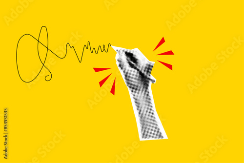  Holding pen in hand and writing in halftone style