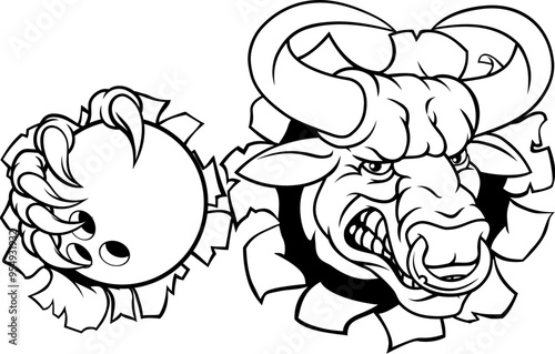 A bull or Minotaur monster longhorn cow angry mean ten pin bowing mascot cartoon.