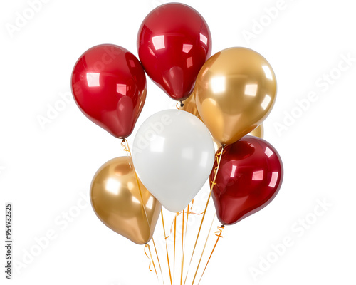 3D Festive Shiny floating red, gold and white balloons for new year celebration, Anniversary, holiday, decoration, isolated on white background