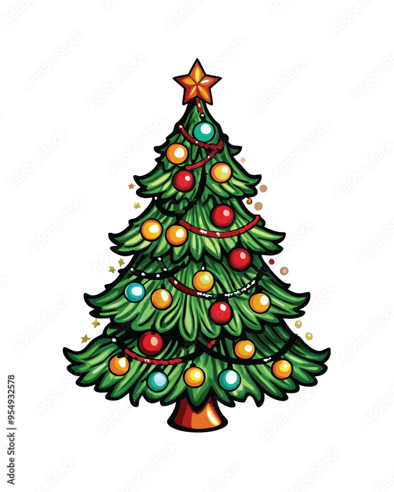 Editable stroke vector of a Christmas tree decorated with baubles and ...