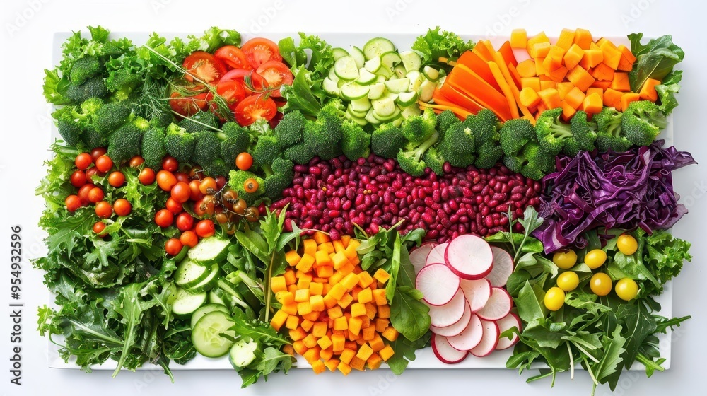artfully arranged salad platter with vibrant greens colorful vegetables protein toppings on sleek white backdrop food styling emphasis artfully arranged salad platter with vibrant greens colorful vegetables protein toppings on sleek white backdrop food styling emphasis