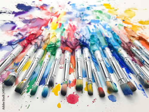 Colorful Watercolor paint brushes set with ink and paint blobs. Professional blur. Horizontal banner for Artists and painters small business.