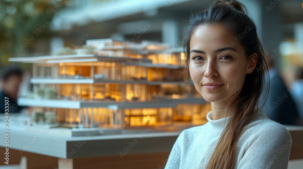 Young woman architect stands proudly by a scale model of her building design Young woman architect stands proudly by a scale model of her building design