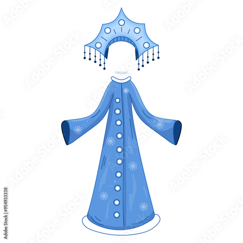 Headdress Snow Maiden and fur coat blue color. Carnival costume Isolated Vector illustration. Clothes of the granddaughter of Santa Claus.