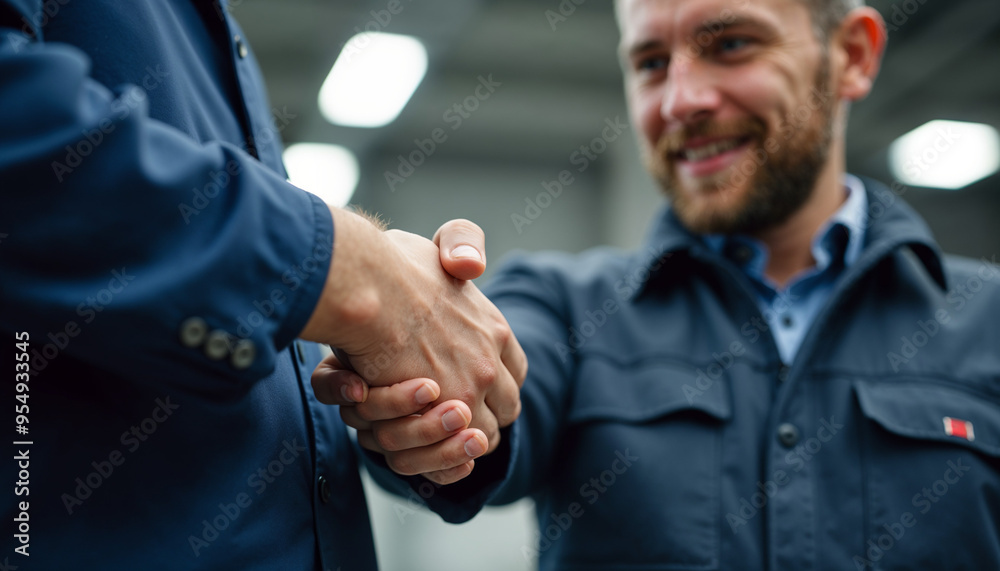 Fototapeta premium Close-up of auto repair manager and mechanic shaking hands in a workshop.