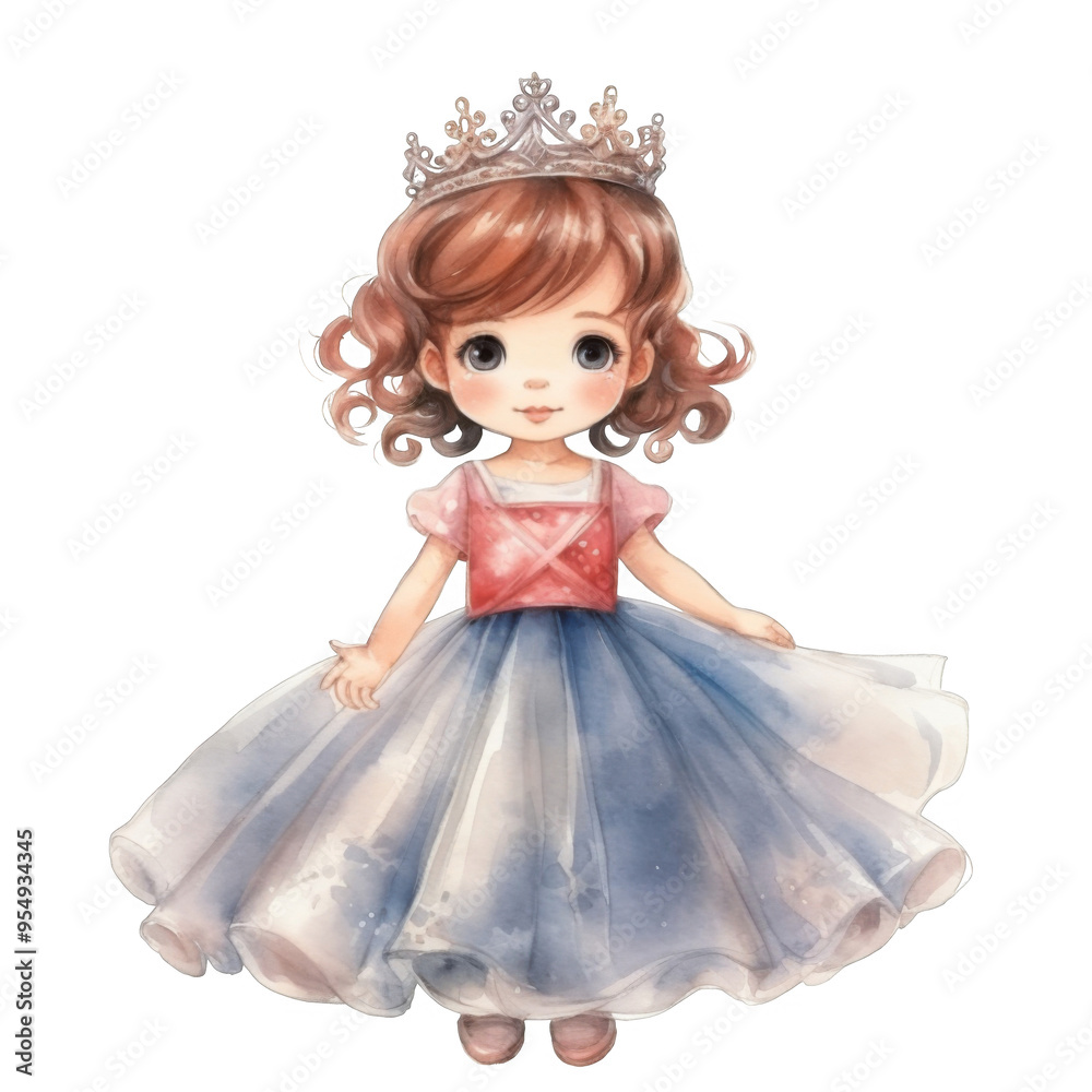 Fototapeta premium Watercolor Illustration of a Young Girl in a Blue Dress and Crown