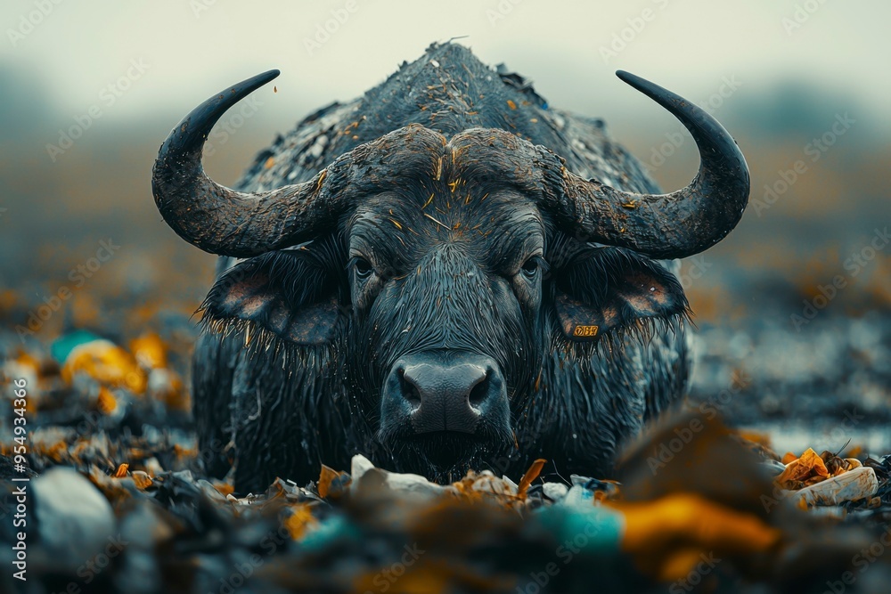 Naklejka premium A Buffalo's Intense Gaze Amidst Waste