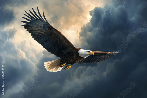 A majestic eagle soaring through a dramatic sky filled with clouds and lightning. photo