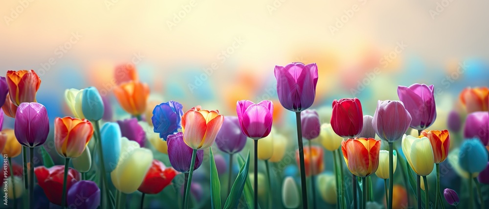 An artistic photography of a rainbow-colored tulip field with negative copy space. An artistic photography of a rainbow-colored tulip field with negative copy space.