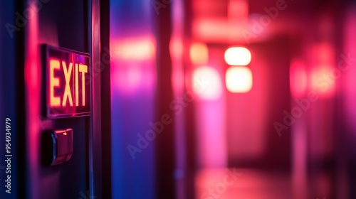 A dimly lit hallway with an illuminated exit sign, creating a mysterious atmosphere.