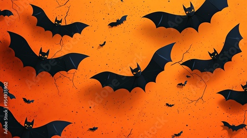 A swarm of bats flying through a vibrant orange sky with a cracked effect, evoking a sense of surreal, spooky ambiance typically associated with Halloween and fantasy themes. photo