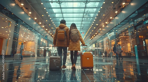 Young Asian couple happily walking through an airport terminal, warmly dressed for travel with suitcases in hand photo