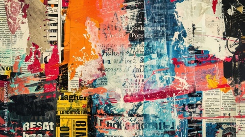 chaotic newspaper clipping collage vintage typography bold color splashes grunge texture overlay dynamic composition