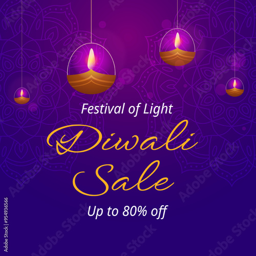 Festival of Light. Diwali Sale With Beautiful Hanging Diya and discount up to 80% off. Illustration Vector. Happy Deepawali. Massive Discount.