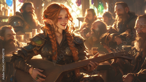 dwarven female bard playing a lute in a lively medieval tavern surrounded by dwarves, warm and inviting atmosphere with golden light