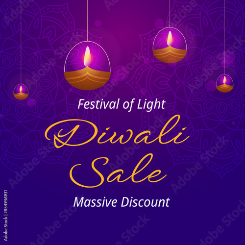 Festival of Light. Diwali Sale With Beautiful Hanging Diyas. Illustration Vector. Happy Deepawali. Massive Discount.