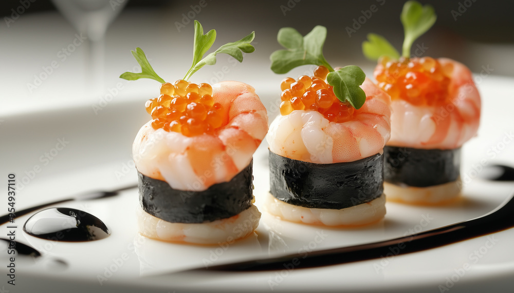 Delicious appetizers with shrimp and caviar on a banquet table. Exquisite food close-up, appetizer, antipasti, seafood platter, sushi and an exquisite dish from the menu of a five-star restaurant Delicious appetizers with shrimp and caviar on a banquet table. Exquisite food close-up, appetizer, antipasti, seafood platter, sushi and an exquisite dish from the menu of a five-star restaurant