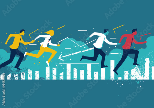 Business Team Overcoming Challenges, Employees Jumping Over Rising Graphs in Hurdle Race, Conceptual Illustration of Workplace Obstacles and Achievement, Teamwork, Leadership, Minimalistic Graphic