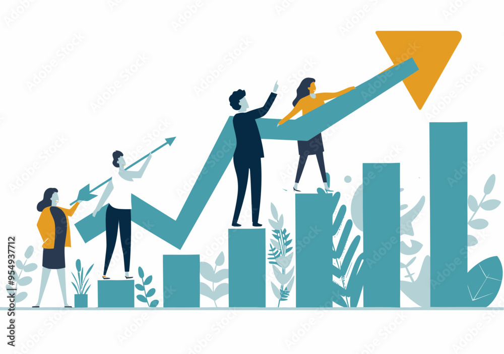 Business Team Cooperation for Growth and Profit Increase, Raising Arrow Chart in Minimalistic Vector Illustration, Concept of Collaboration and Success in Work Business Team Cooperation for Growth and Profit Increase, Raising Arrow Chart in Minimalistic Vector Illustration, Concept of Collaboration and Success in Work