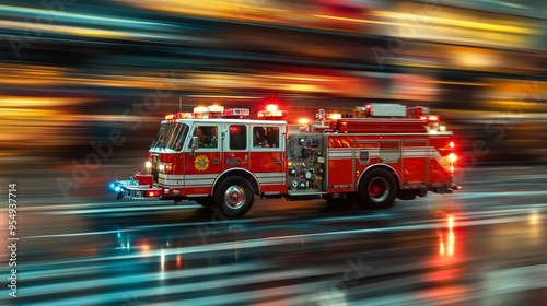 A fire truck with flashing lights responds to an emergency in a blurred urban setting.