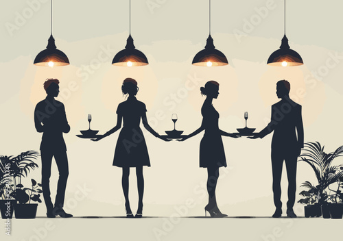 Business Team on a Platter Silhouette, Professional Service Concept, Minimalistic Vector Illustration, Evening Setting, Teamwork and Hospitality Theme