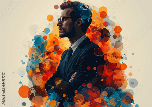 Businessman Contemplating with Colorful Rotating Business Icons, Conceptual Illustration of Business Dilemma, Problem Solving Theme, Professional in Suit and Glasses, Vibrant Abstract Background