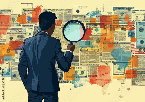 Businessman Analyzing Currency with Magnifying Glass Seeking Profit and Financial Growth Concept Illustration