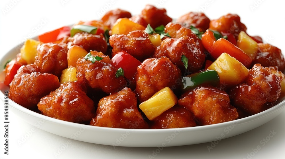 Sweet and Sour Chicken with Pineapple and Bell Peppers in a White Bowl Sweet and Sour Chicken with Pineapple and Bell Peppers in a White Bowl
