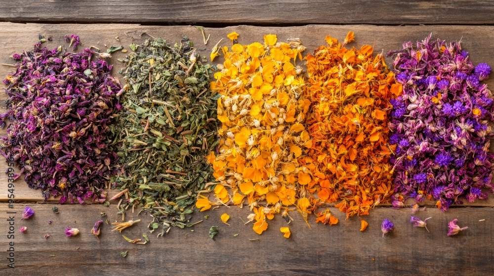 Obraz premium Assortment of dry herbal and berry tea on a wooden background. Tea party concept. medicinal herbs. Healing herbs.Alternative medicine.Linden, calendula, cornflowers, marigold, tansy, tea rose