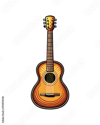 Editable stroke vector of a classic acoustic guitar with a brown body, a black soundhole, and a gold headstock.