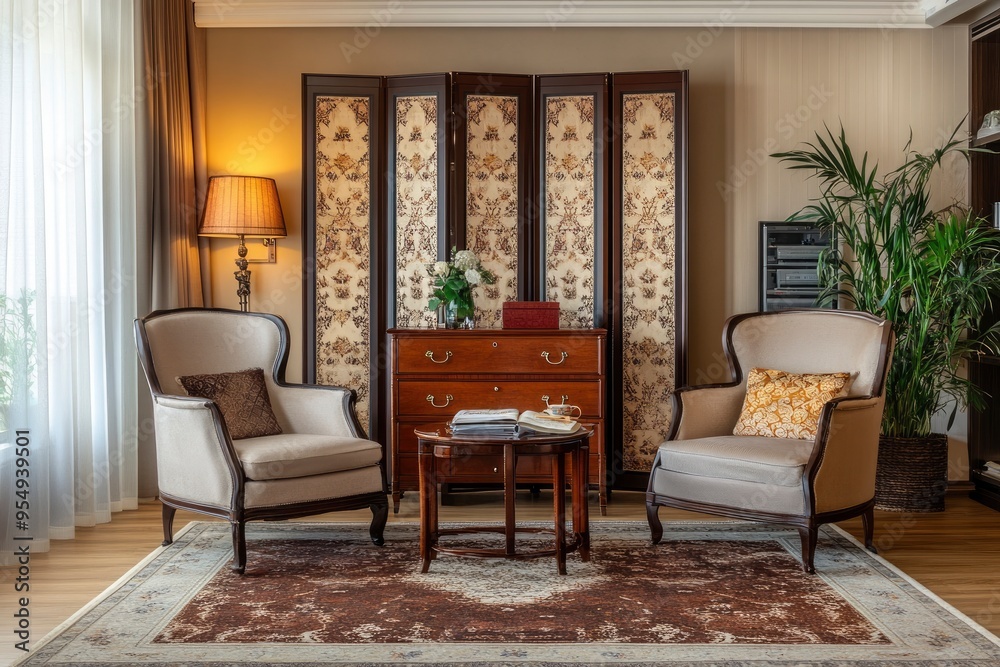 Interior of stylish living room with folding screen, chest of drawers, armchairs and carpet , ai